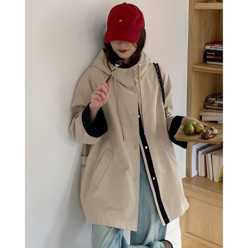 Damen Oversize Kapuzenjacke mit kontrastiertem Saum und Druckknopfleiste Drune