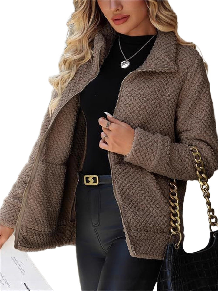 Damen Teddy-Fleece Jacke mit Reißverschluss und Stehkragen Drune