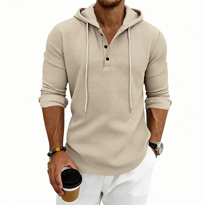 Herren Waffelstrick-Henley-Hoodie mit Knopfleiste und Kapuze Drune