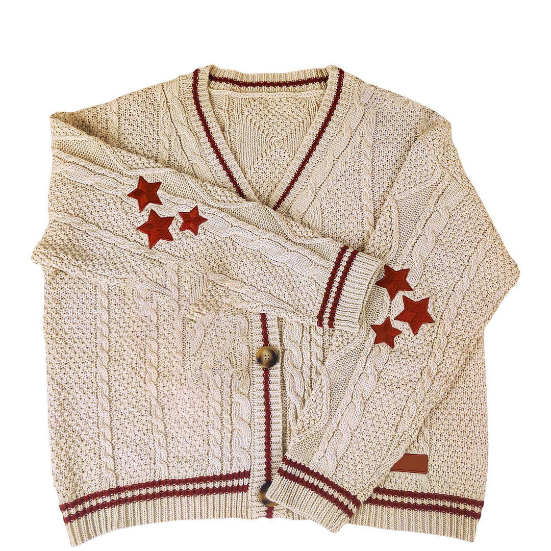Damen nan oversized Zopfmuster-Cardigan mit V-Ausschnitt, Knopfleiste und Sternapplikationen Drune