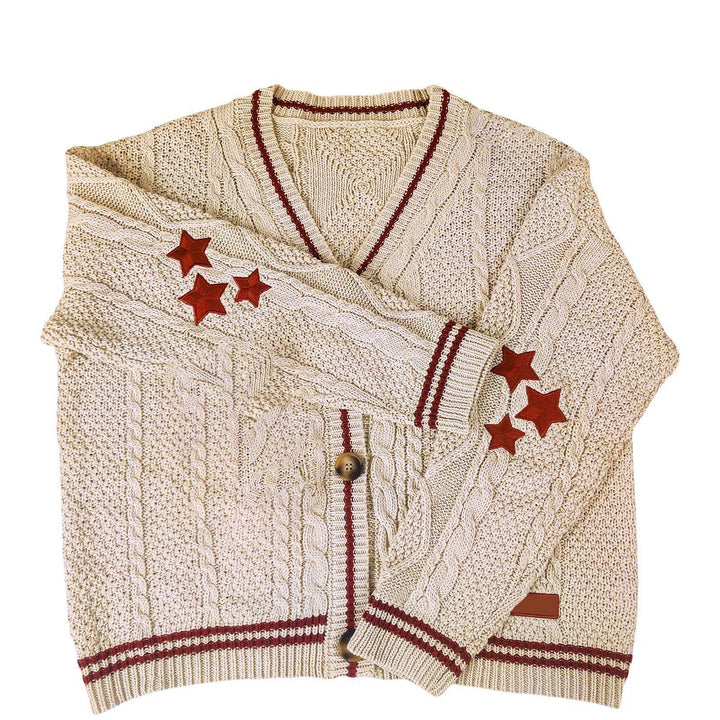 Damen nan oversized Zopfmuster-Cardigan mit V-Ausschnitt, Knopfleiste und Sternapplikationen Drune