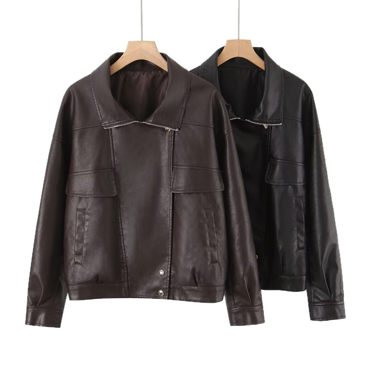 Damen Kunstlederjacke mit lässigem Schnitt und praktischen Taschen Drune