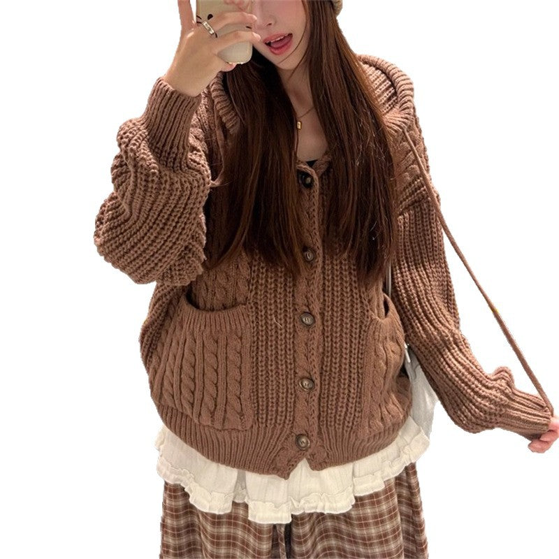 Damen Kuschelstrickjacke mit Kapuze und großen Taschen Drune