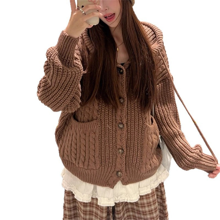 Damen Kuschelstrickjacke mit Kapuze und großen Taschen Drune