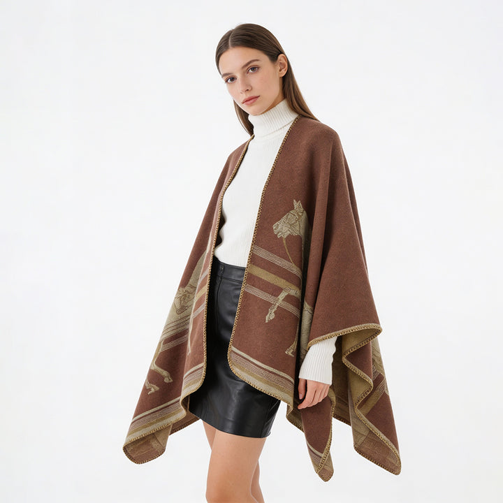Damen Jacquard‑Poncho mit Pferdemotiv und weichem Wollmix Drune