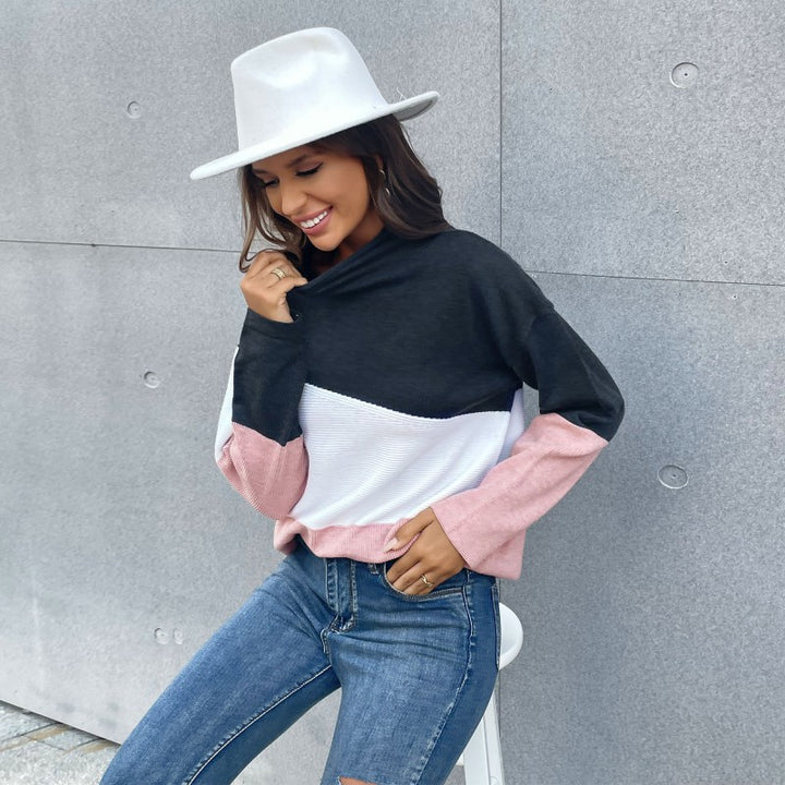 Damen Dreifarbiger Strukturstrick-Pullover mit Stehkragen und lässiger Oversize-Silhouette Drune