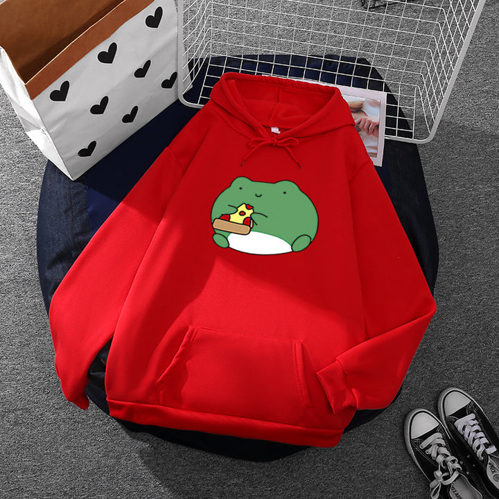 Damen nan gemütlicher Kapuzenpullover mit kawaii Frosch‑Pizza‑Motiv und oversized Relax‑Fit Drune