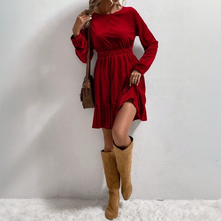 Damen Samt‑Minikleid mit elastischer Taillennaht und stufigem Volantrock Drune