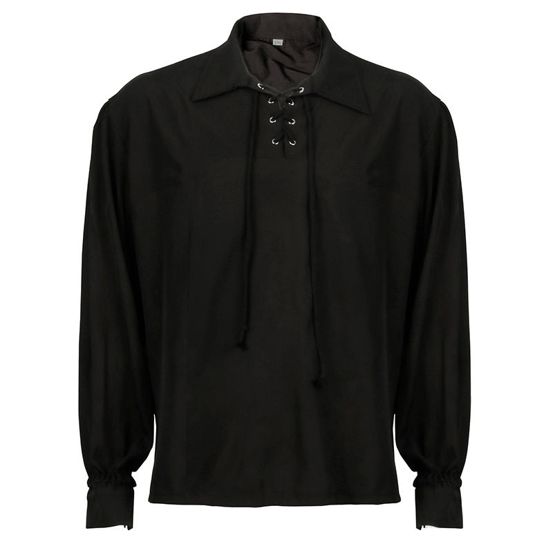 Herren nan lässiges Kurzarmshirt mit geschnürter V-Kehle, kurzem Stehkragen und weichem Baumwollmix Drune