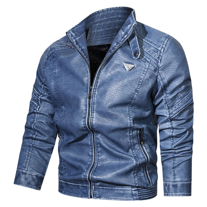 Herren Kunstleder‑Fliegerblouson im Used‑Denim‑Look mit Stehkragen und Reißverschlusstaschen Drune