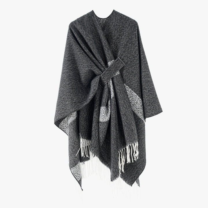 Damen Cape-Poncho mit Bindegürtel, asymmetrischem Zipfelsaum und Fransensaum Drune