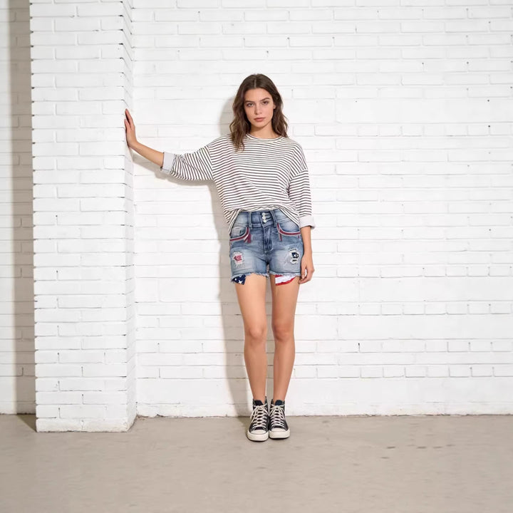 Damen Denim-Shorts im Vintage-Stil mit Aufgestickten Details Drune