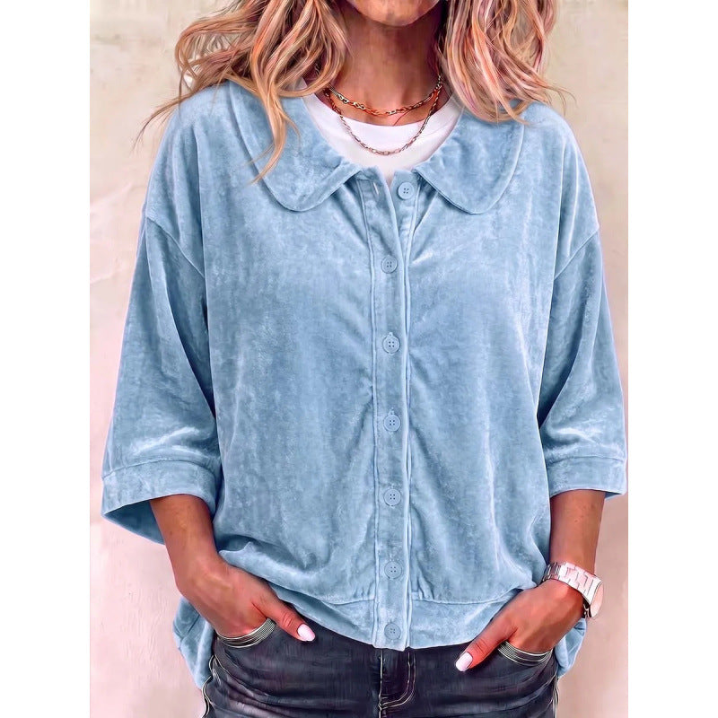 Damen Samt-Button-Down-Hemdbluse mit abgerundetem Kragen Drune