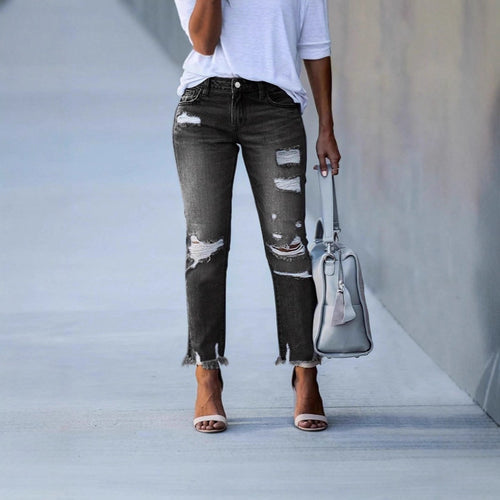 Damen Cropped Destroyed-Jeans mit hohem Bund, geradem Bein & rohem Fransen-Saum Drune