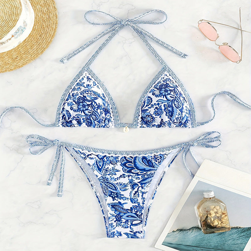 Damen Triangel-Bikini mit romantischem Blumenmuster und verstellbaren Trägern Drune