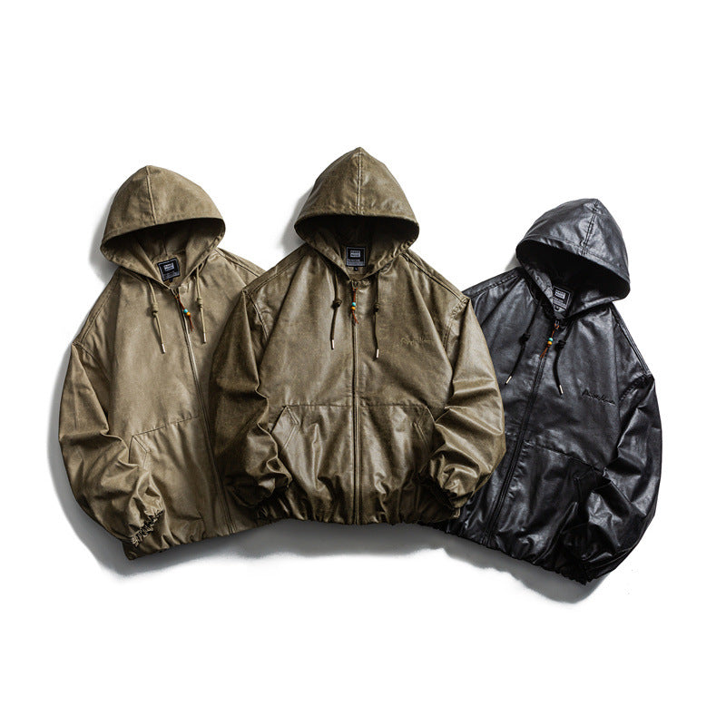 Herren Kurz geschnittene Kunstleder-Kapuzenjacke im Boxy‑Cut mit elastischem Saum und Kängurutaschen Drune
