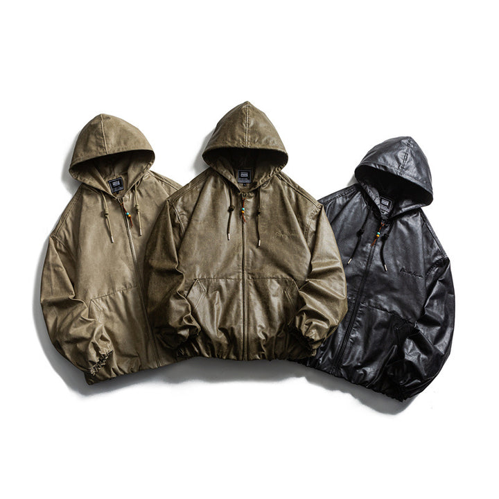 Herren Kurz geschnittene Kunstleder-Kapuzenjacke im Boxy‑Cut mit elastischem Saum und Kängurutaschen Drune