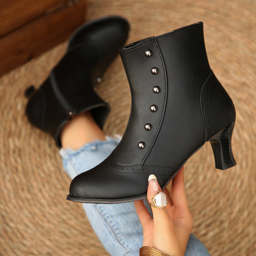 Damen Vintage Stiefelette mit Brogue-Spitze, seitlichem Reißverschluss und mittelhohem Absatz Drune