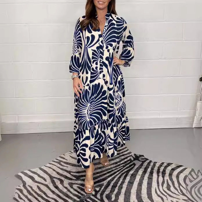 Damen Lange Stufen Kleid mit Knopfleiste und abstraktem Blattdruck Drune