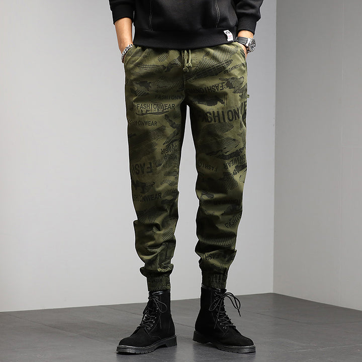 Herren Camouflage-Print Jogger-Cargohose mit elastischem Tunnelzugbund und gerippten Knöcheln Drune