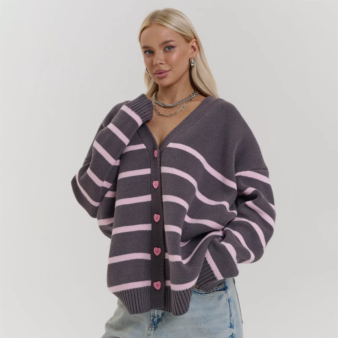 Damen Grob gestrickter Cardigan mit zarten Streifen Drune