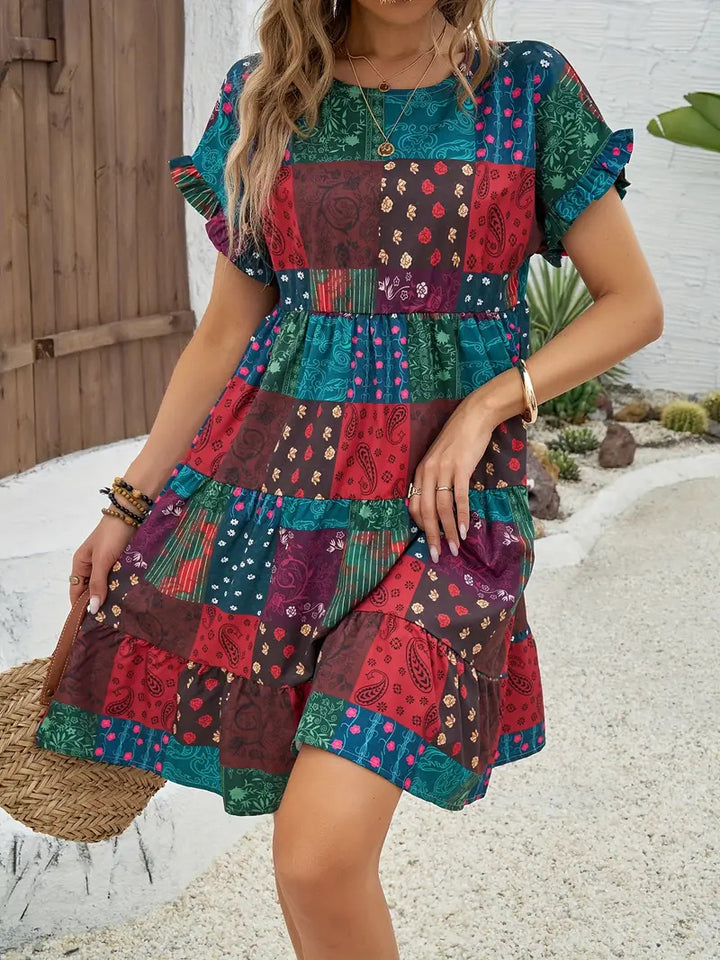 Damen Lockeres Kurzarmkleid mit patchworkartigem Design Drune