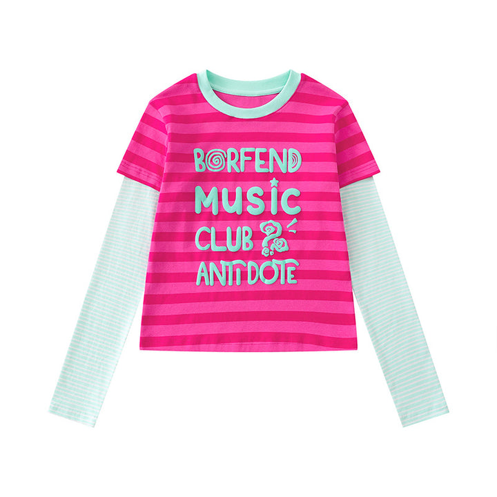 Damen Lagen-Langarmshirt im Layer-Look mit kontrastierenden Streifenärmeln und typografischem Print Drune