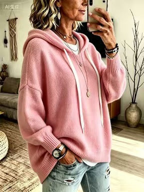 Damen Oversize-Kapuzensweater aus feinem Strick mit gerippten Bündchen Drune