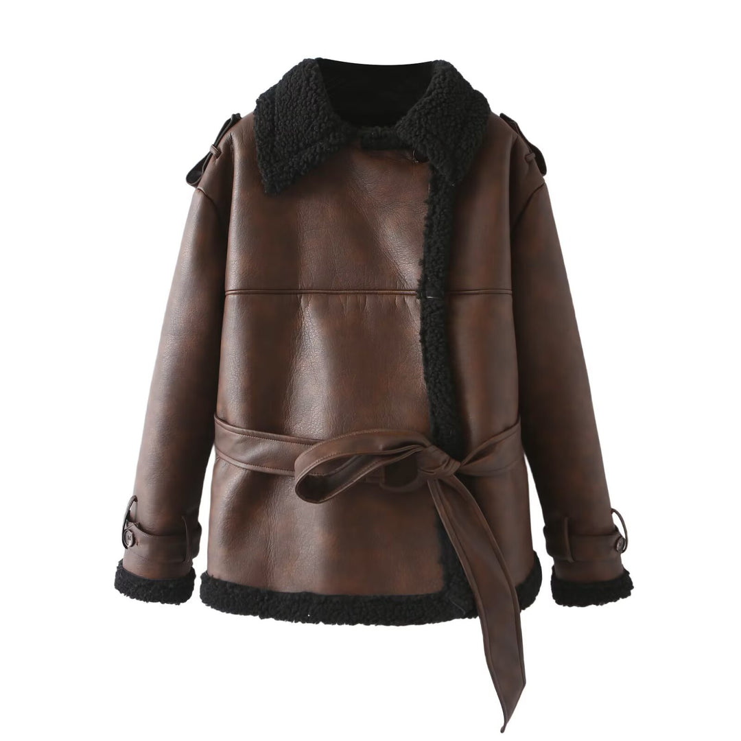 Damen Taillierter Aviator-Mantel aus Kunstleder mit Teddyfutter und Bindegürtel Drune