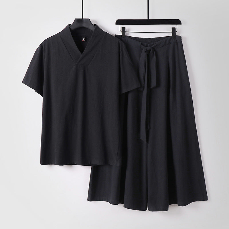 Damen Leichtes Loungewear-Set mit V-Ausschnitt-Shirt und weit schwingendem Midirock mit Kordelzug Drune