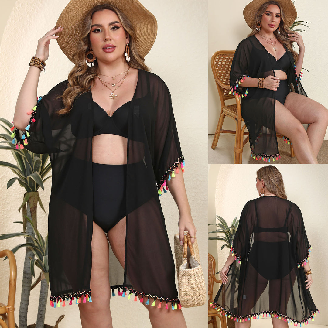 Damen transparenter Strandüberwurf mit buntem Quastenrand Drune