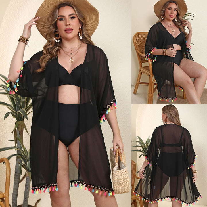 Damen transparenter Strandüberwurf mit buntem Quastenrand Drune