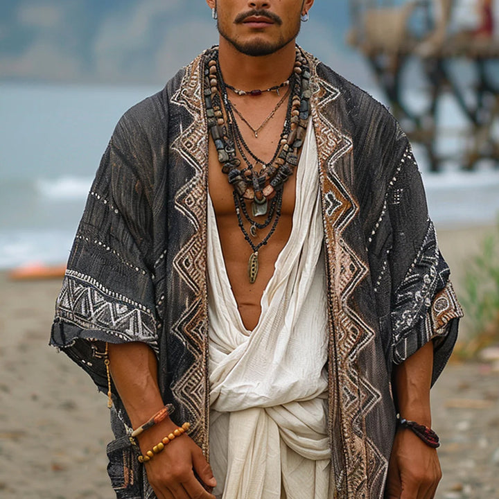 Herren Leichter Boho-Kimono-Mantel mit Ethno-Stickerei Drune