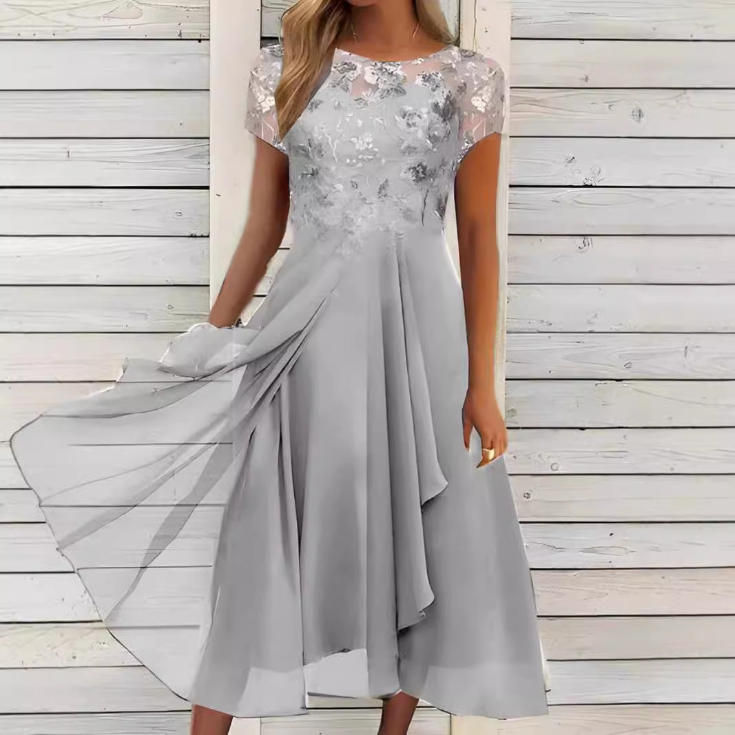 Damen nan elegantes Chiffon-Midikleid mit floraler Spitzenapplikation und fließendem Tellerrock Drune