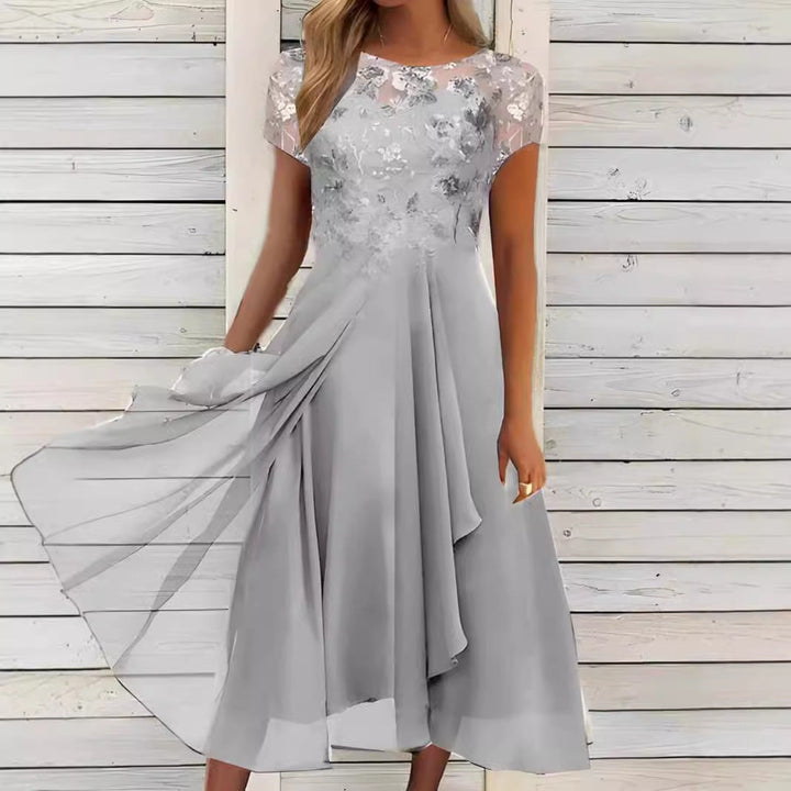 Damen nan elegantes Chiffon-Midikleid mit floraler Spitzenapplikation und fließendem Tellerrock Drune
