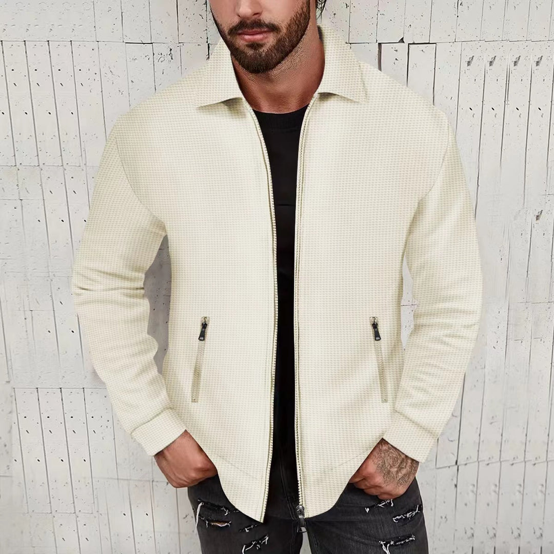 Herren minimalistische Stehkragen-Feinstrick-Übergangsjacke mit Zwei-Wege-Reißverschluss und verdeckten Reißverschlusstaschen Drune