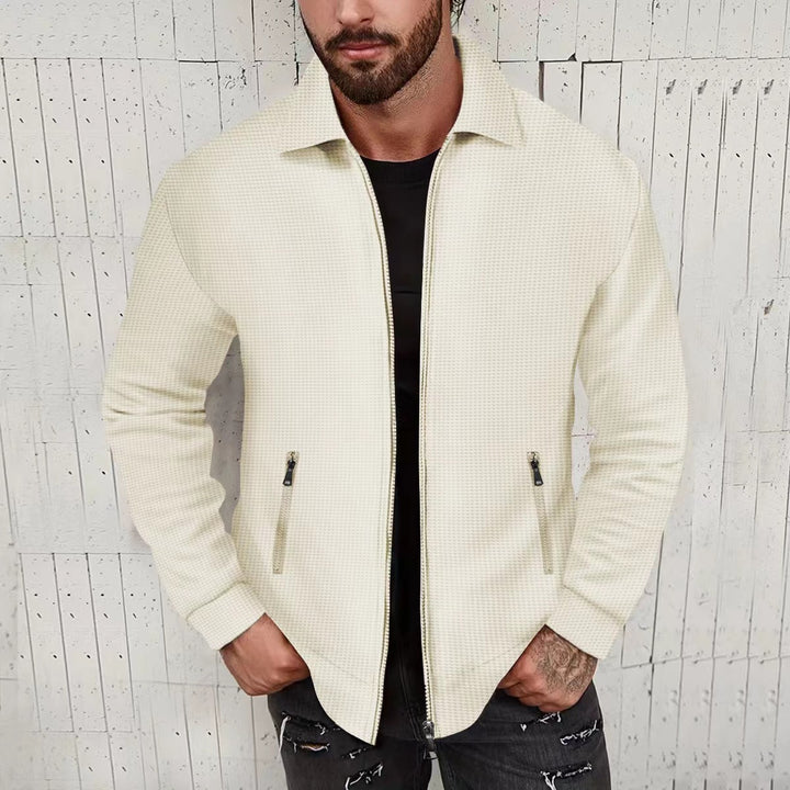 Herren minimalistische Stehkragen-Feinstrick-Übergangsjacke mit Zwei-Wege-Reißverschluss und verdeckten Reißverschlusstaschen Drune