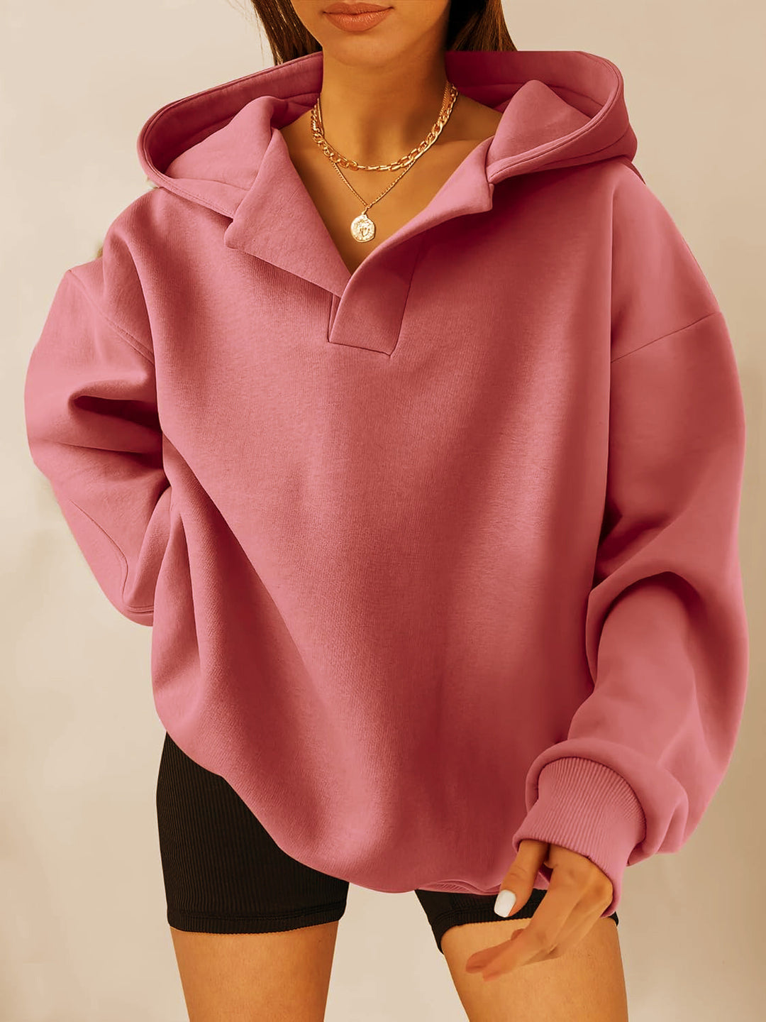 Damen Oversize-Kapuzenpullover mit V-Öffnung, tiefer Schulternaht und gerippten Bündchen Drune