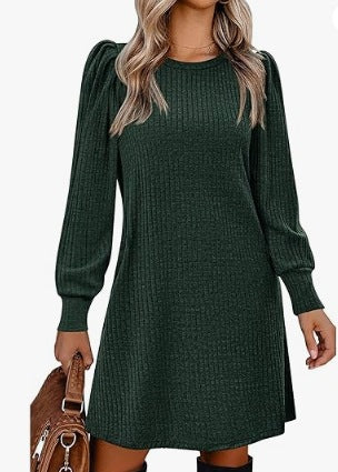 Damen nan gestricktes A-Linien Strickkleid mit Puffärmeln Drune