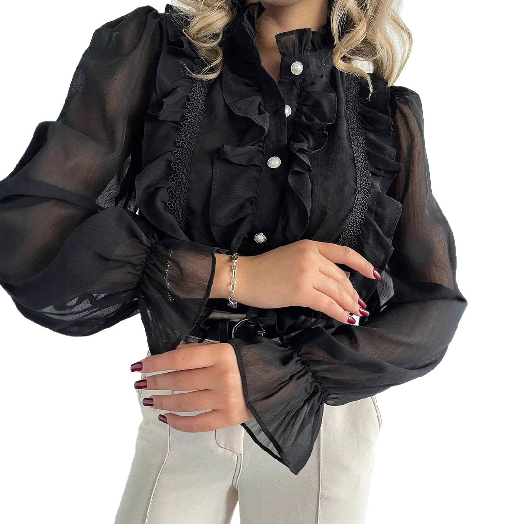 Damen Rüschenbluse aus Chiffon mit Stehkragen und Perlenknöpfen Drune
