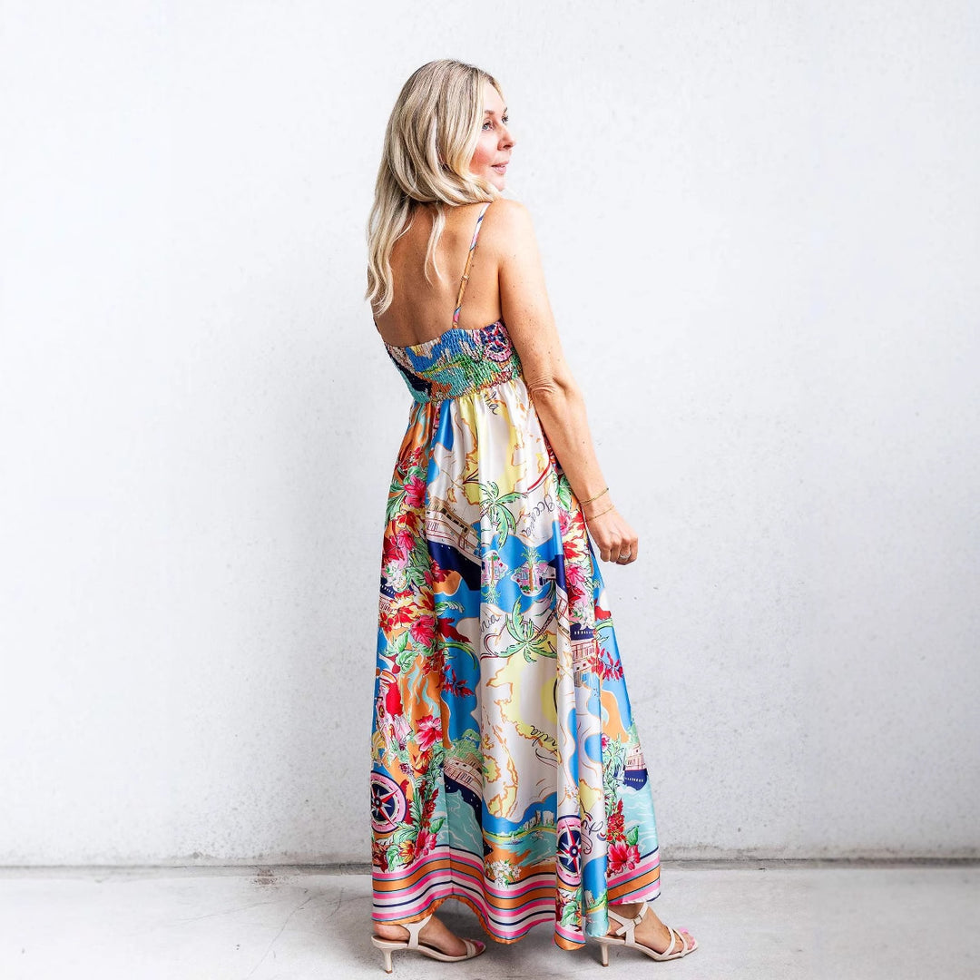 Damen Sommerliches Maxikleid mit auffälligem Grafikdesign und Spaghettiträgern Drune