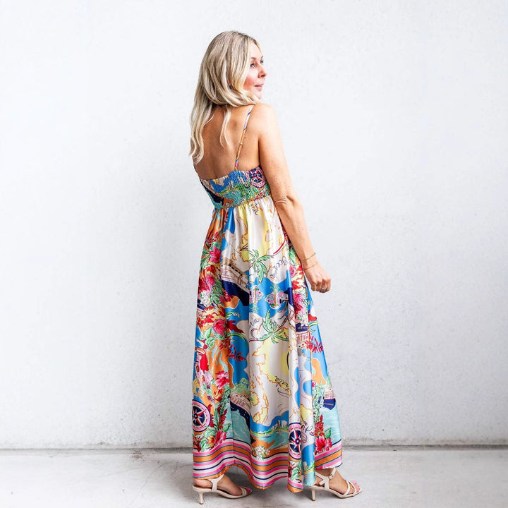 Damen Sommerliches Maxikleid mit auffälligem Grafikdesign und Spaghettiträgern Drune