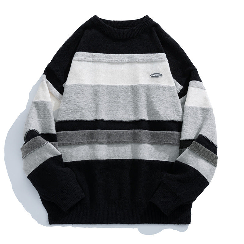 Unisex Lässiger Blockstreifen-Pullover im Oversize-Schnitt mit Raglanärmeln und geripptem Saum Drune