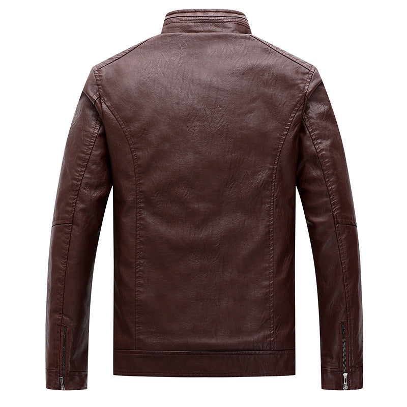 Herren Slim-Fit Lederoptik-Motojacke mit Stehkragen und Reißverschlusstaschen Drune