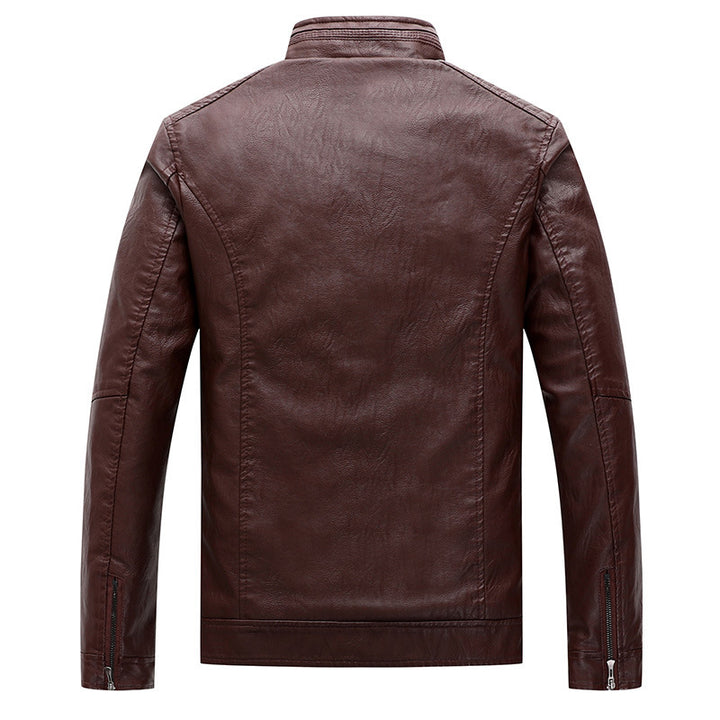 Herren Slim-Fit Lederoptik-Motojacke mit Stehkragen und Reißverschlusstaschen Drune