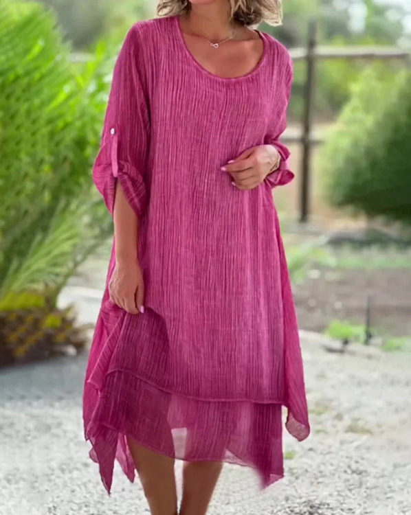 Damen nan weites Musselin-Midikleid mit rundem Halsausschnitt, krempelbaren halblangen Ärmeln und mehrlagigem Stufenrock Drune