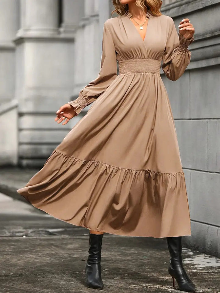 Damen Maxikleid mit elegantem V-Ausschnitt und voluminösen Ärmeln Drune