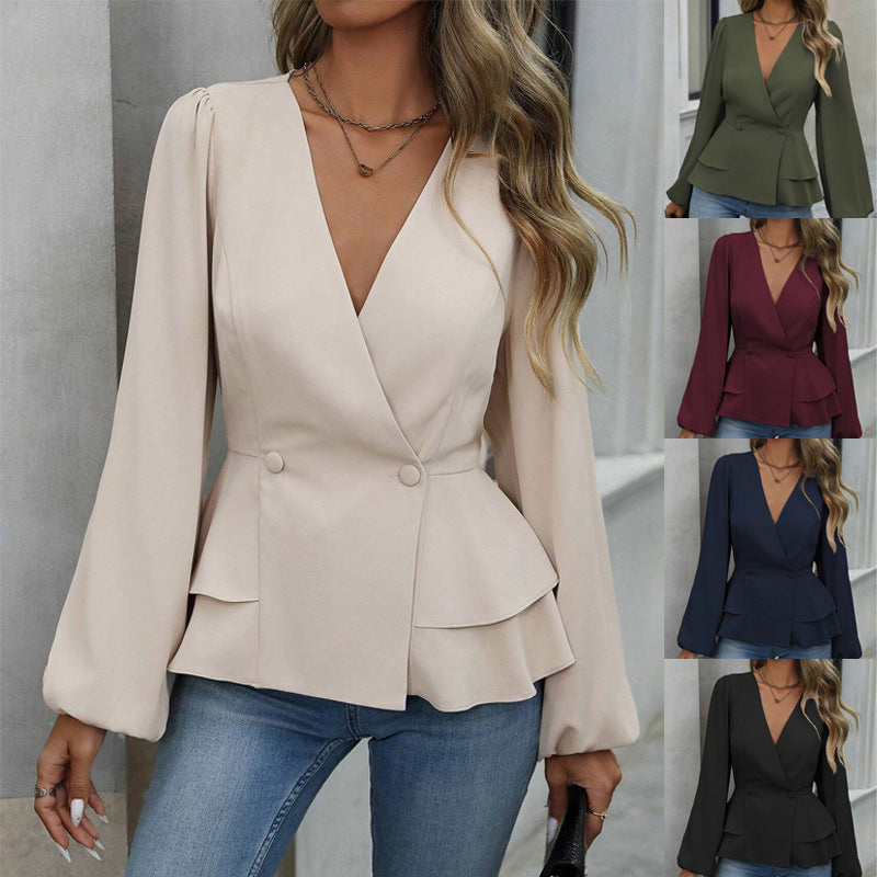 Damen taillierter Wickel-Blazer mit Schößchen und Ballonärmeln Drune
