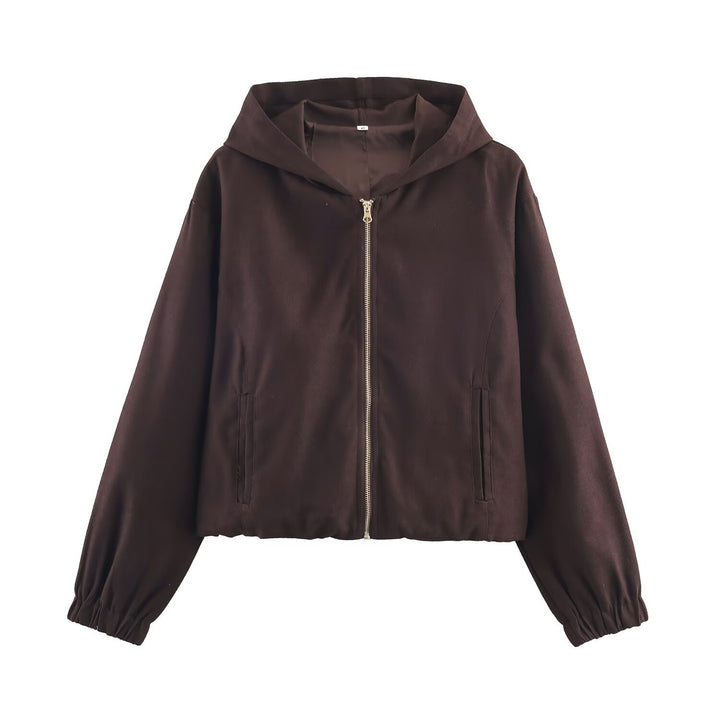 Damen Boxy-Kapuzenjacke aus Veloursoptik mit durchgehendem Reißverschluss und Gummsaum Drune