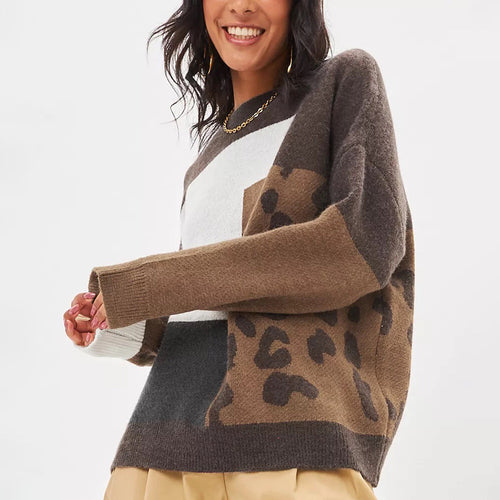 Damen Grobstrickpullover mit modernem Leo-Design und farblichen Blockelementen Drune
